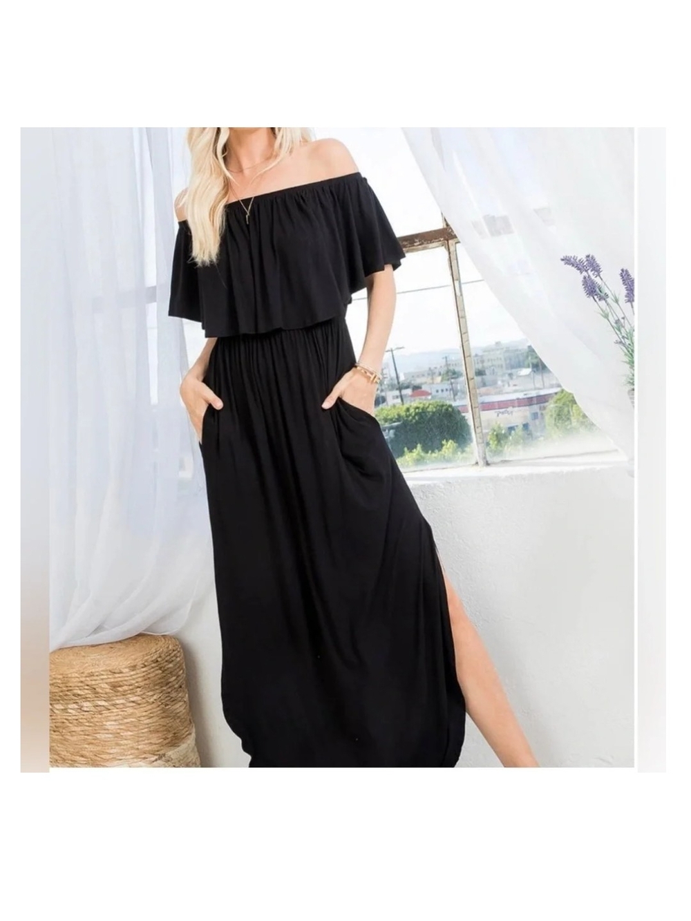Sweet Lovely by Jen Sz 2XL Off-Shoulder Black Maxi Dress with Pockets